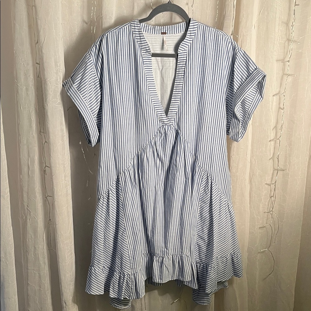 Free People Blue and White Striped Ruffle Blouse